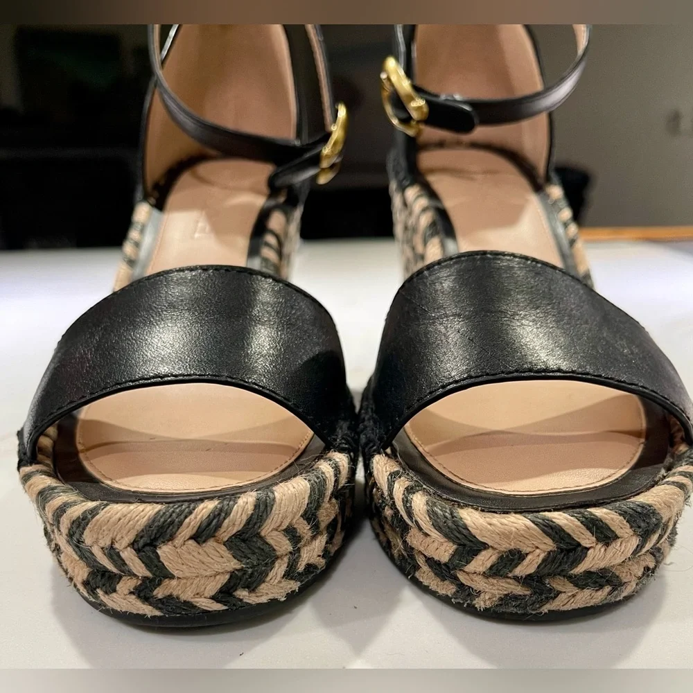🥳🥳 COACH Kit Espadrilles, Black leather Wedge Peep Toe Platform Sandal Size 6 - Picture 6 of 12